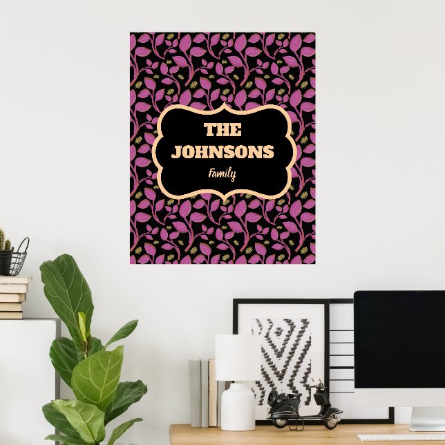 Personlig rosa botanisk familjenamnsdesign  poster (Hemmakontoret)