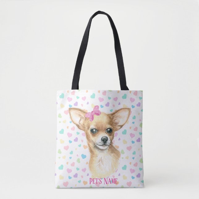 Personlig Rosa Bow Chihuahua Tote Bag Tygkasse (Framsida)