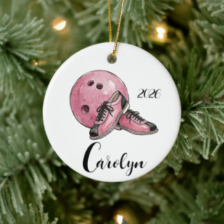 Personlig rosa bowlingjul julgransprydnad keramik