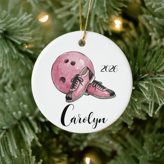Personlig rosa bowlingjul  julgransprydnad keramik (Träd)