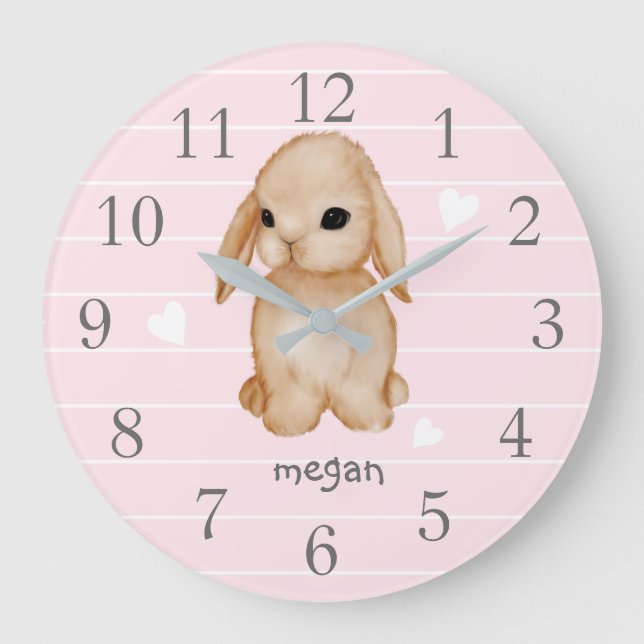 Personlig Rosa Bunny Nursery Wall Clock Stor Klocka (Framsida)