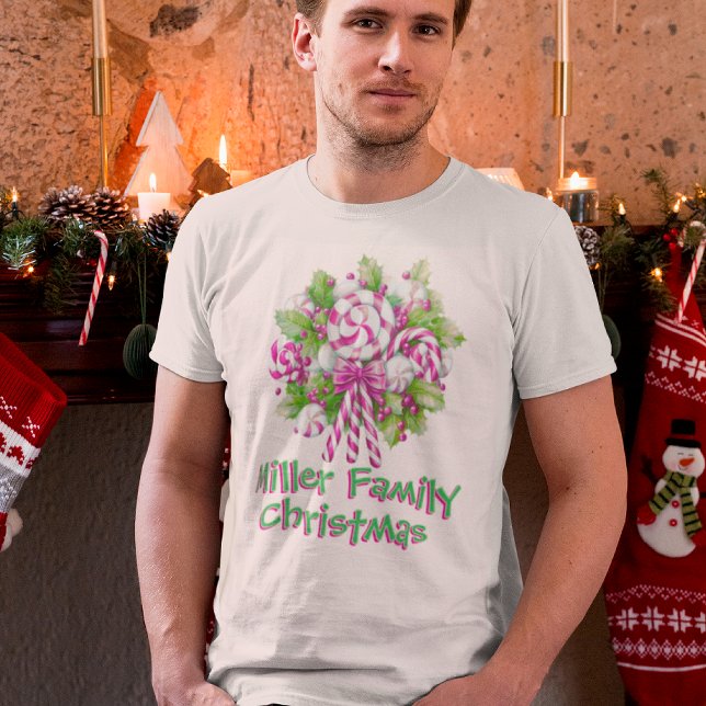 Personlig Rosa Candy cane-julafton T Shirt (Personalize with your family name!)