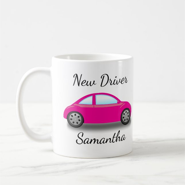 Personlig Rosa Car New Driver Licence Kaffemugg (Vänster)