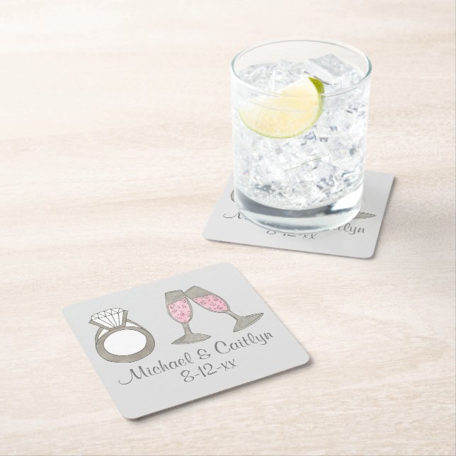 Personlig Rosa Champagne Diamond Bröllop Ring Underlägg Papper Kvadrat (Insitu)