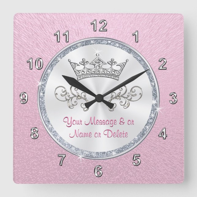 Personlig  Rosa Clock med Söt Tiara Fyrkantig Klocka (Framsida)