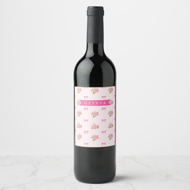 Personlig Rosa Coquette Flickaktig Båge Blommig Na Vinflaska Etikett (Framsida)