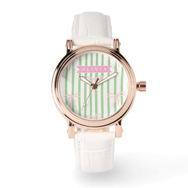 Personlig Rosa Coquette Grön Randig Rosett Armbandsur (Framsida)