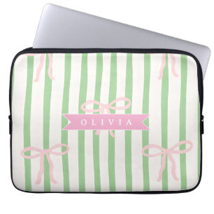 Personlig Rosa Coquette Grön Randig Rosett Laptop Fodral