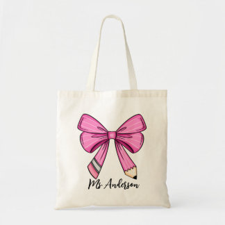 Personlig Rosa Coquette Pencil Bow Tote Bag Tygkasse