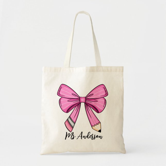 Personlig Rosa Coquette Pencil Bow Tote Bag Tygkasse (Framsidan)