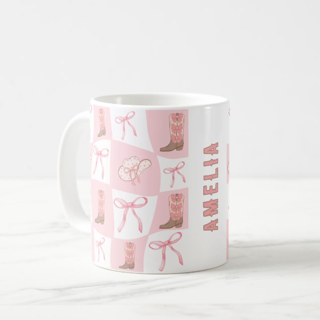 Personlig Rosa Cowgirl Boot & Bow Checker Kaffemugg (Framsida vänster)
