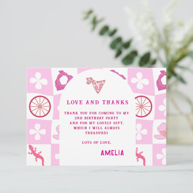 Personlig Rosa Cowgirl Rutig Födelsedag Tack Kort (Stående Fram)