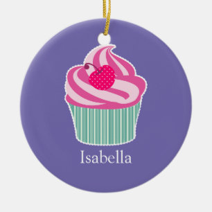 Personlig Rosa Cupkaka WIth Polka Dot Cherry Julgransprydnad Keramik