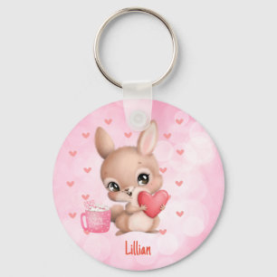 Personlig Rosa Cute Bunny Rabbit Kärlek Nyckelring