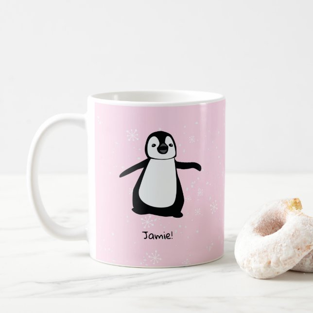 Personlig Rosa Cute Penguin Winter snö flingor Kaffemugg (Med munk)