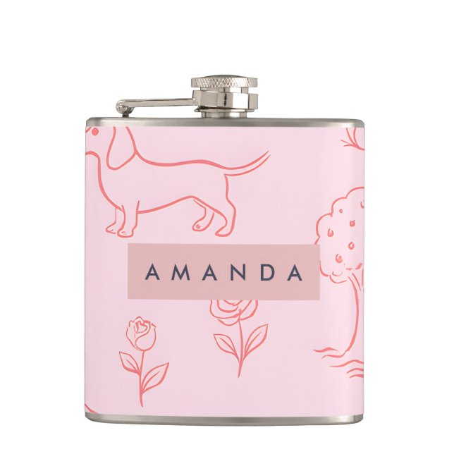 Personlig Rosa Dachshund och Blomma Fickplunta (Framsidan)