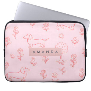 Personlig Rosa Dachshund och Blomma Laptop Fodral