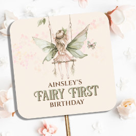 Personlig Rosa Fairy First Birthday Party Fyrkantigt Klistermärke