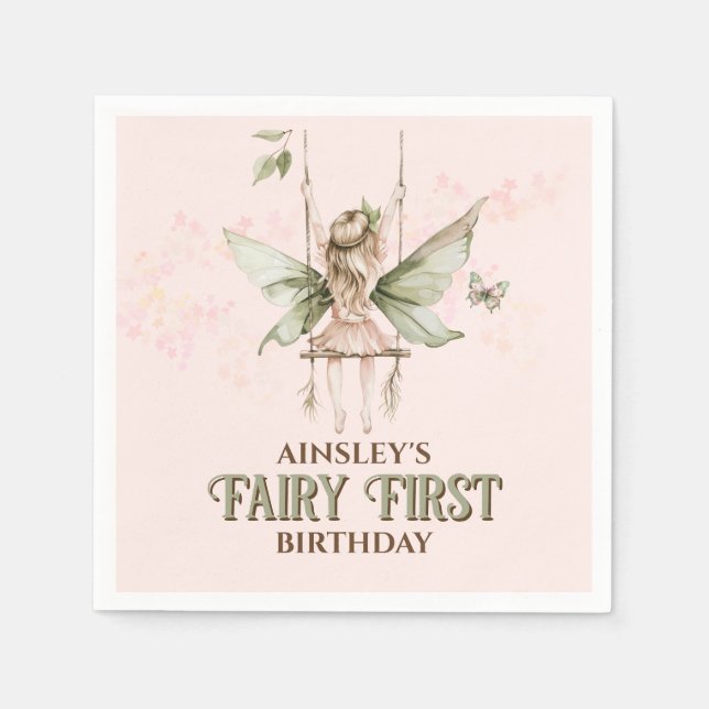 Personlig Rosa Fairy First Birthday Party Pappersservett (Framsidan)