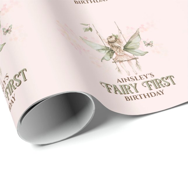 Personlig Rosa Fairy First Birthday Party Presentpapper (Rullad Hörn)
