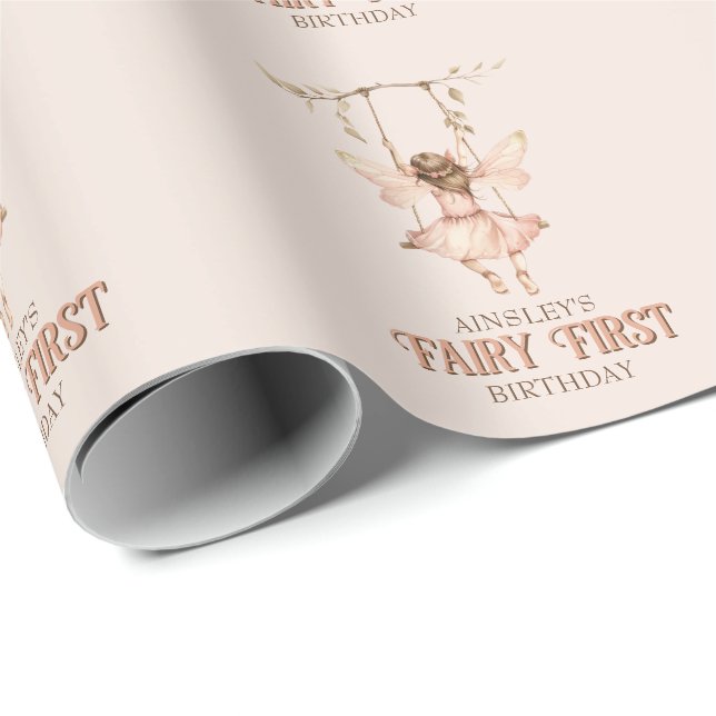 Personlig  Rosa Fairy Första födelsedag Presentpapper (Rullad Hörn)