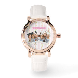 Personlig rosa feminin coquette blommig randig armbandsur