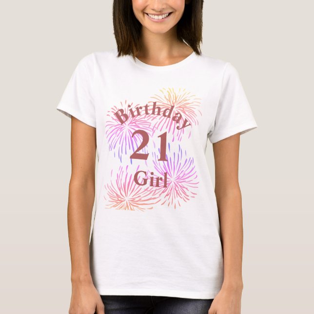 Personlig Rosa Fireworks 21st Birthday Girl T Shirt (Framsida)