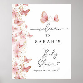 Personlig rosa fjäril baby shower skylt