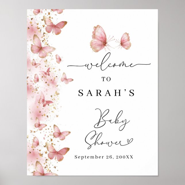 Personlig rosa fjäril baby shower skylt (Framsidan)