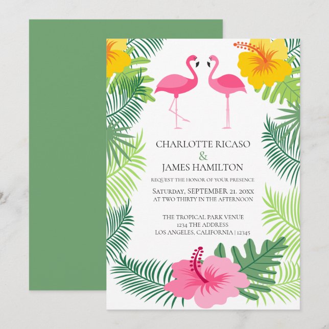 Personlig Rosa Flamingo Tropical Bröllop Inbjudningar (Fram/baksida)