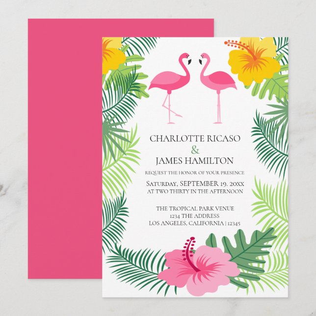 Personlig Rosa Flamingo Tropical Bröllop Inbjudningar (Fram/baksida)