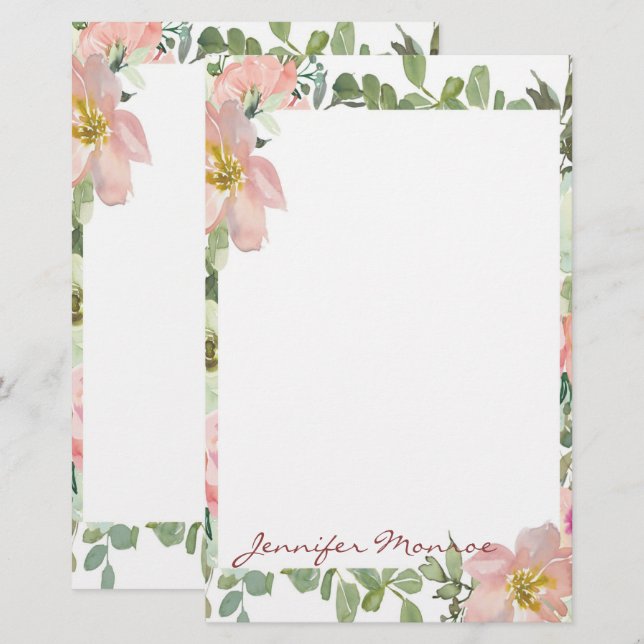 Personlig rosa flora i vattenfärg brevpapper (Fram/baksida)