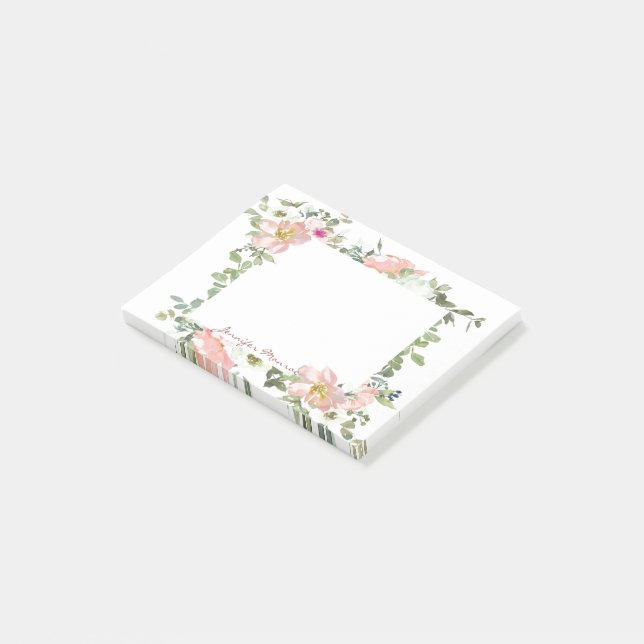 Personlig rosa flora i vattenfärg post-it block (Vinklad)