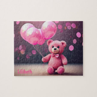 Personlig rosa födelsedagsbjörn med ballonger pussel