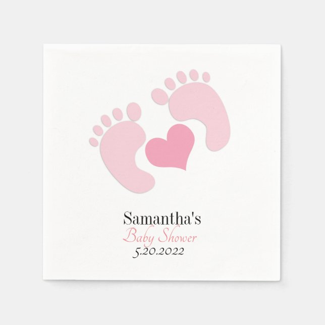 Personlig Rosa Footprint Hearts Baby Shower Pappersservett (Framsidan)