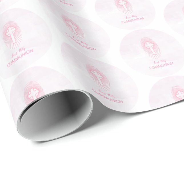 Personlig rosa första kommunion korsvärd presentpapper (Rullad Hörn)