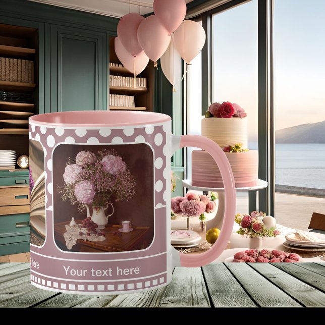 Personlig  Rosa Foto Ram Polka dots Mugg i (Photo mug featuring your own photos framed by a retro polka dots design in blush pink and white)