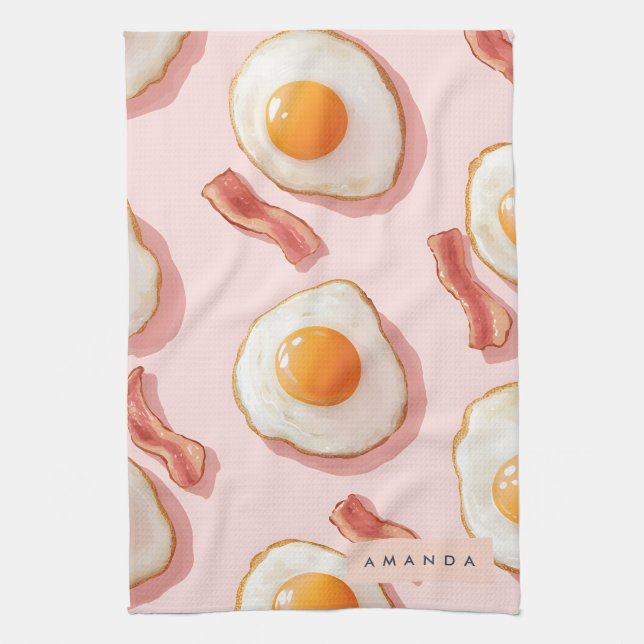Personlig Rosa Fried Eggs och Bacon Mönster Kökshandduk (Vertikal)