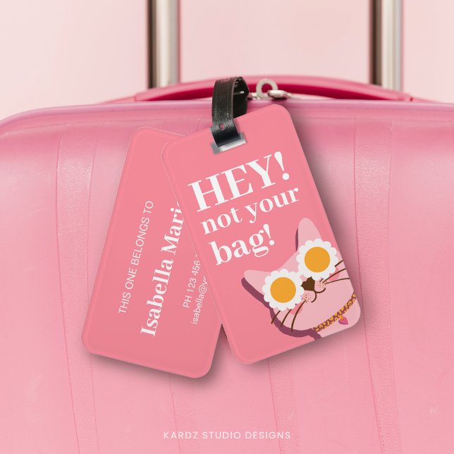 Personlig Rosa Funny Cat Luggage Tag Bagagebricka (Personalize this template with name and contact information. Stand out with this funny luggage tag.)