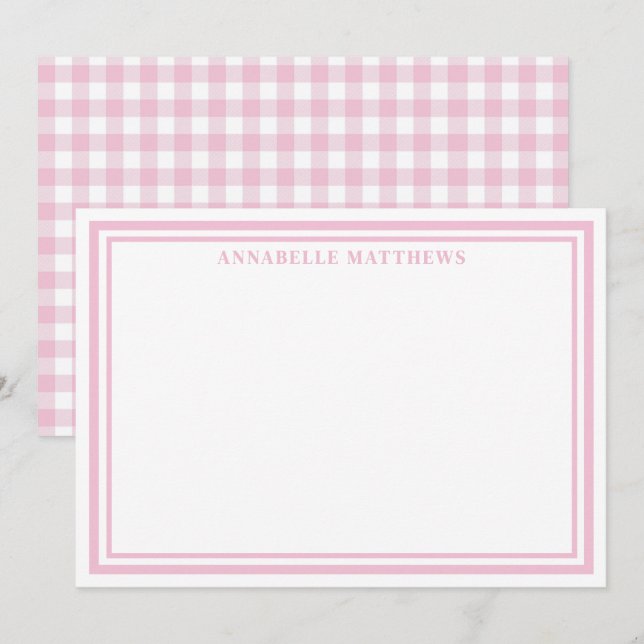 Personlig Rosa Gingham Initial Namn Anteckningskort (Fram/baksida)