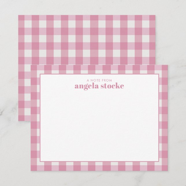 Personlig rosa gingham-kort anteckningskort (Fram/baksida)