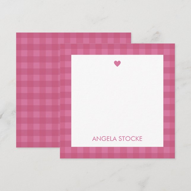 Personlig rosa gingham-kort anteckningskort (Fram/baksida)