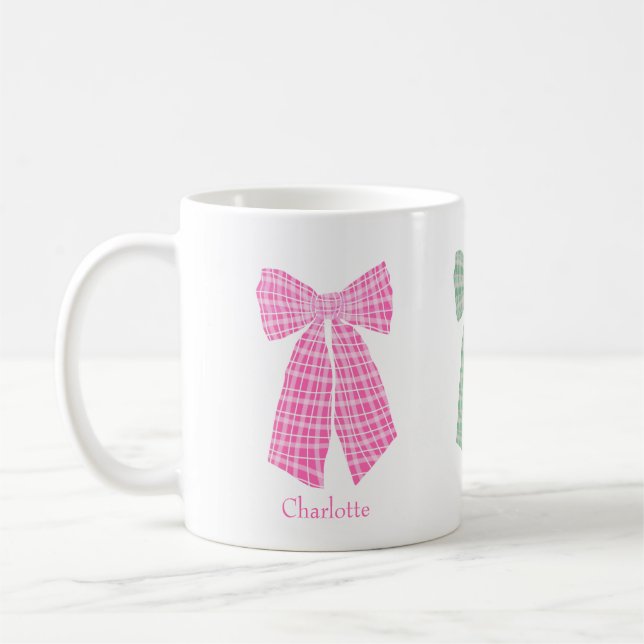 Personlig Rosa Gingham Romantic Coquette Bow Kaffemugg (Vänster)