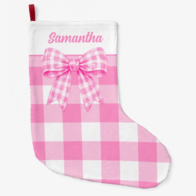 Personlig rosa ginghamslöjdsstrumpa för jul stor julstrumpa (Framsidan)