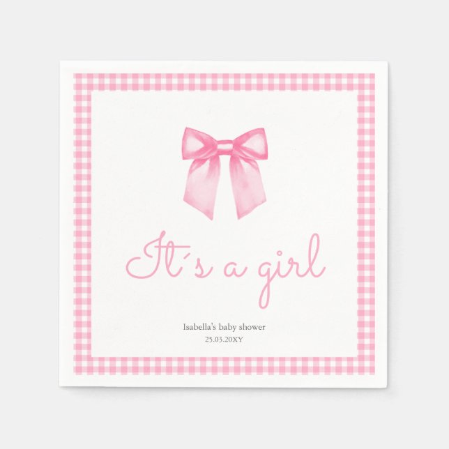 Personlig Rosa Girl Watercolor Bow Pappersservett (Framsidan)