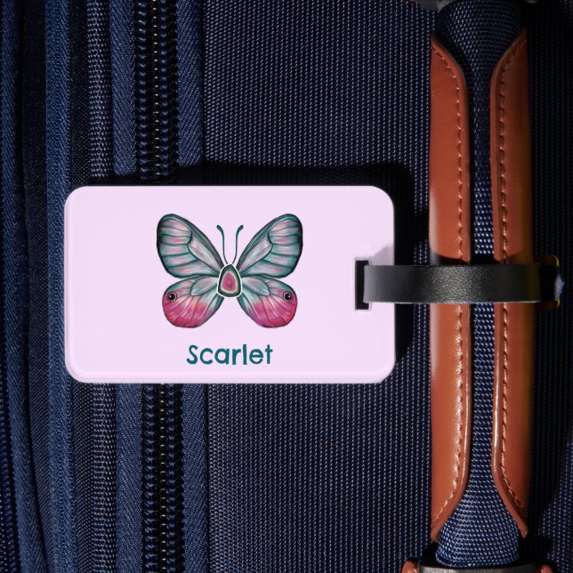 Personlig Rosa Glasswing Butterfly Art Bagagebricka (Baksida Insitu 2)