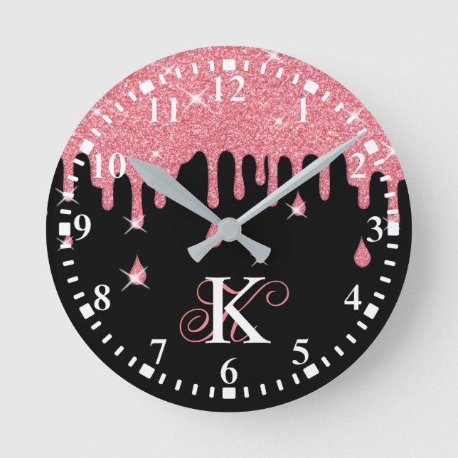 Personlig - Rosa Glitter Effect-miniatyrdiagram Rund Klocka (Framsida)