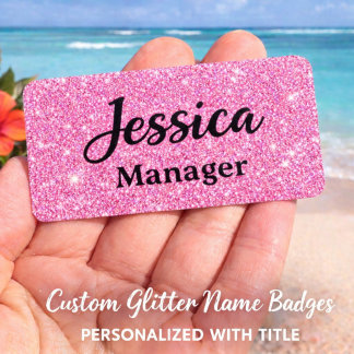 Personlig rosa glitter namnskylt med nål namnbricka