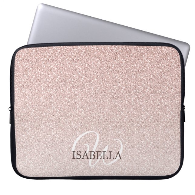 Personlig Rosa Glitter Ombre Namn Monogram Laptop Fodral (Framsidan)
