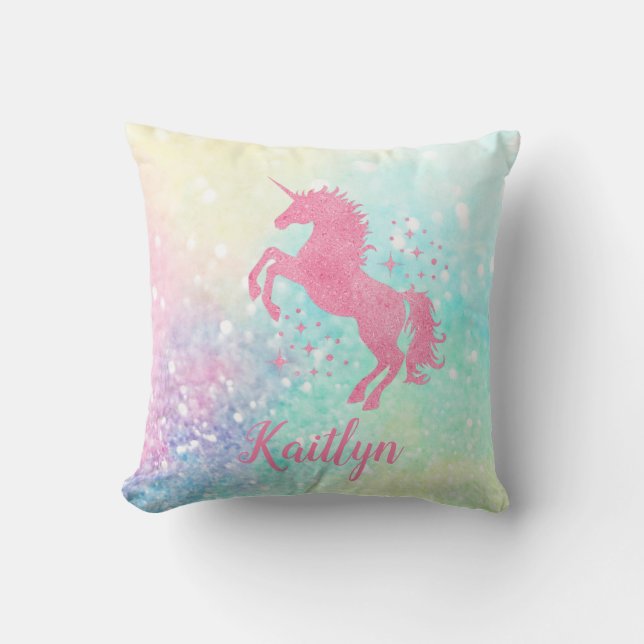Personlig Rosa Glitter Unicorn och Rainbow Kudde (Framsida)